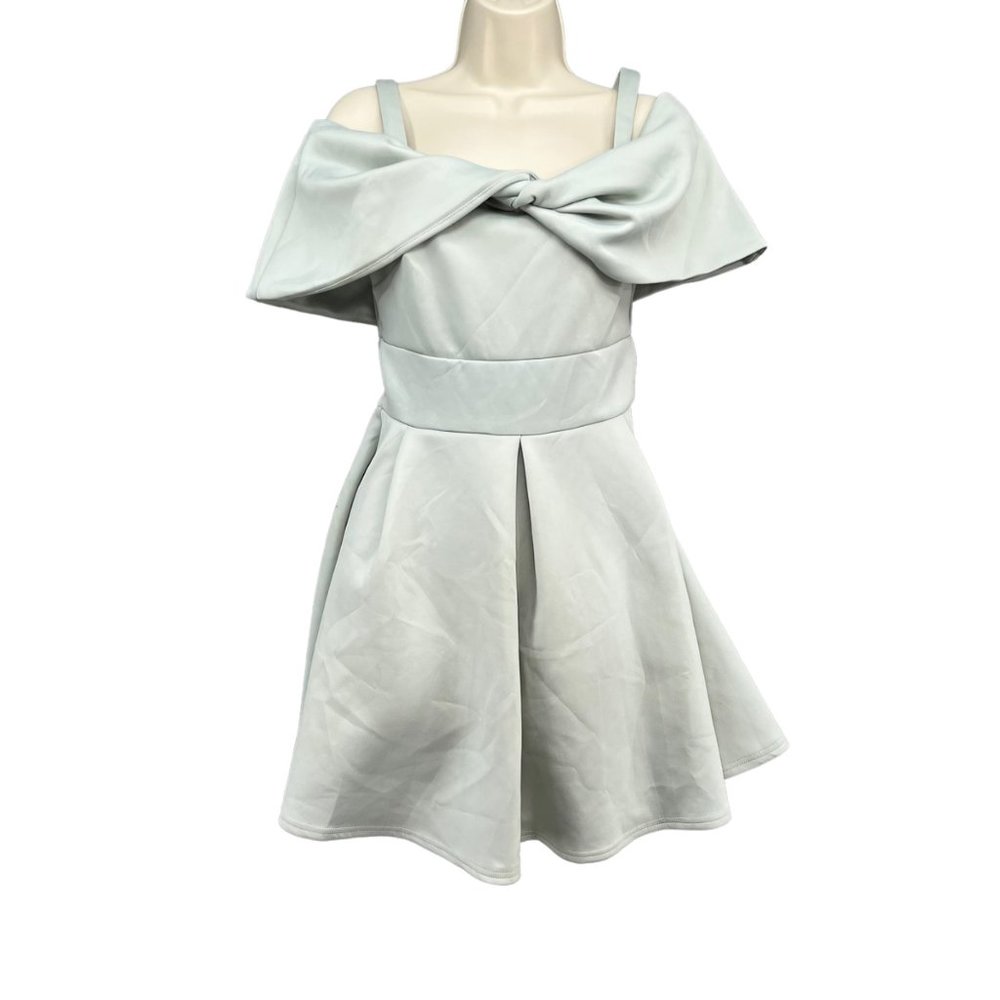 ASOS Bardot Skater Mini Dress Light Greyish Blue Bow Front Off The Shoulder Sz 8